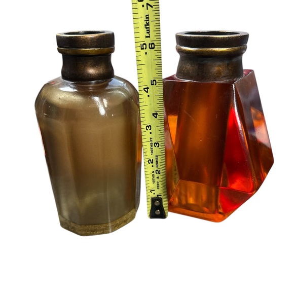 Vintage Amber Glass Bottles w/ Brass Finials | Set of 3 | Heavy Apothecary Decor - Picture 3 of 8